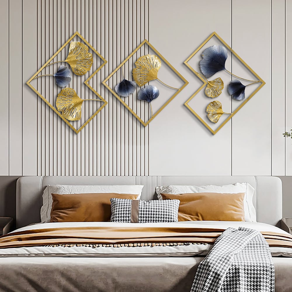 HMR - 3 Pieces Ginkgo Leaves Wall Decor with Geometric Frame in Blue and Gold, Metal