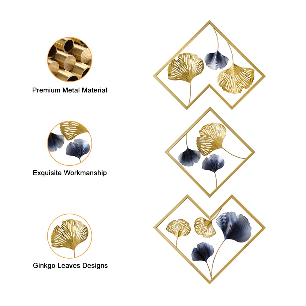 HMR - 3 Pieces Ginkgo Leaves Wall Decor with Geometric Frame in Blue and Gold, Metal