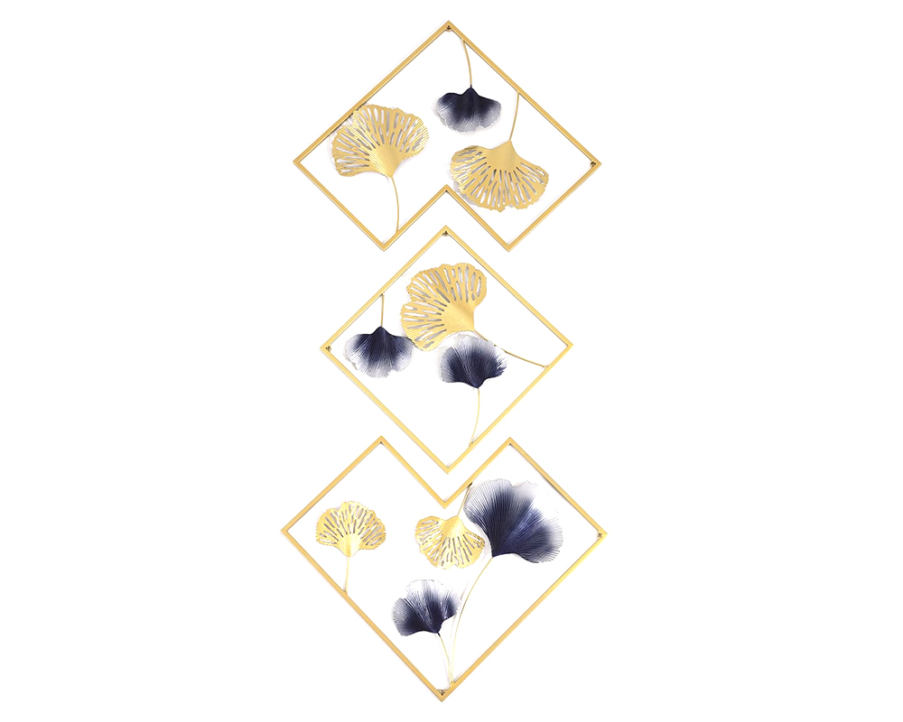 HMR - 3 Pieces Ginkgo Leaves Wall Decor with Geometric Frame in Blue and Gold, Metal