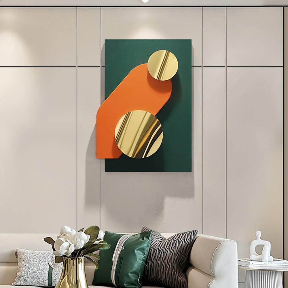 HMR - Artard 26.8" Modern Metal Wall Decor Art in Green & Gold with Overlapping Geometric