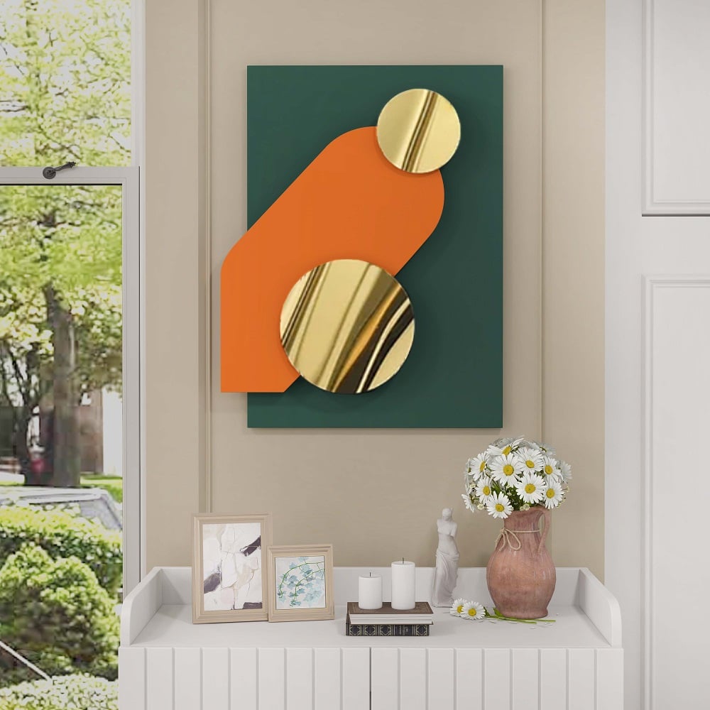 HMR - Artard 26.8" Modern Metal Wall Decor Art in Green & Gold with Overlapping Geometric