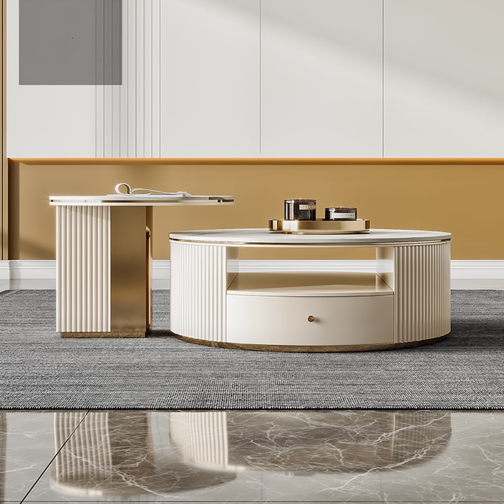 HMR - Mytures Modern Round Nesting Coffee Table with Storage White Sintered Stone Set of 2