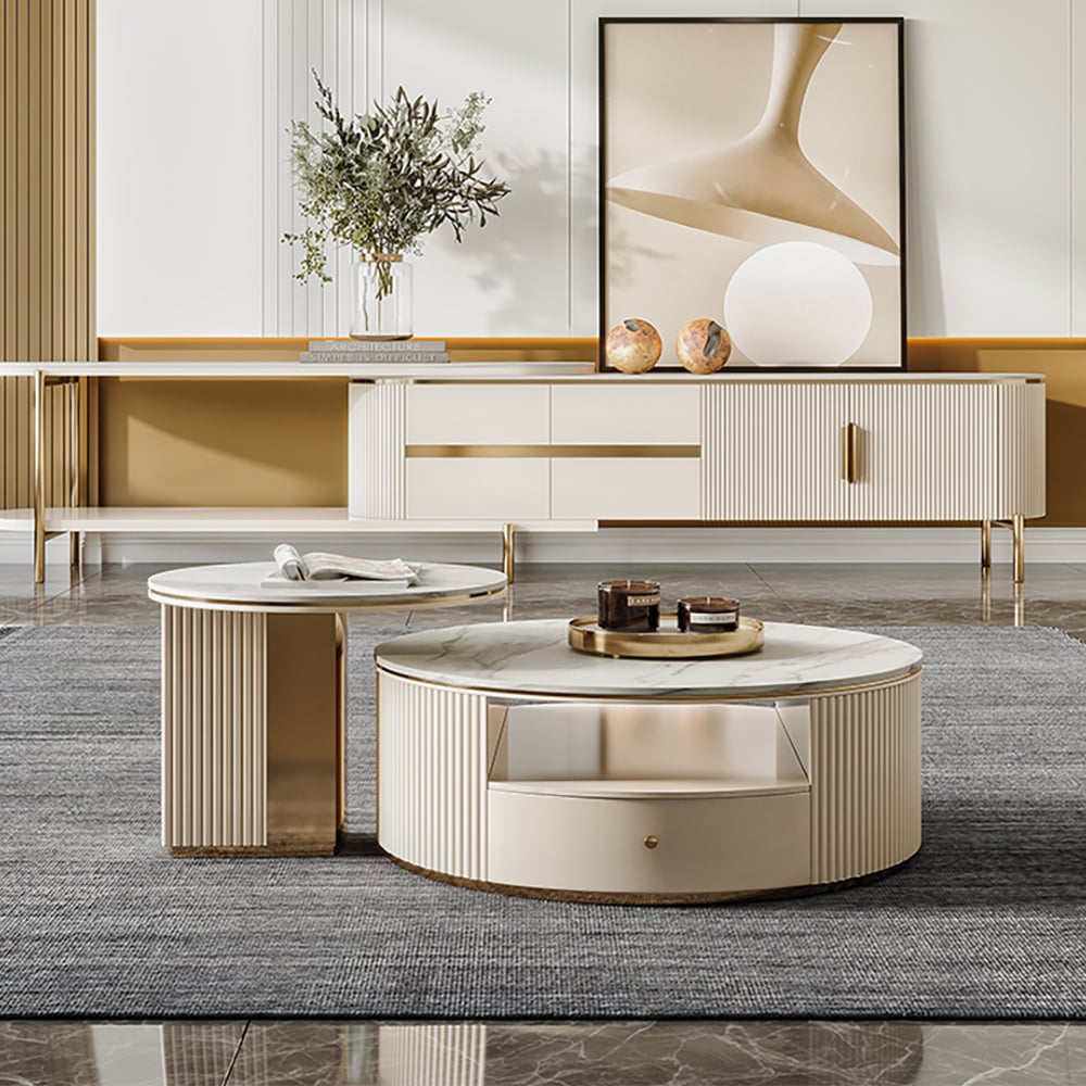 HMR - Mytures Modern Round Nesting Coffee Table with Storage White Sintered Stone Set of 2