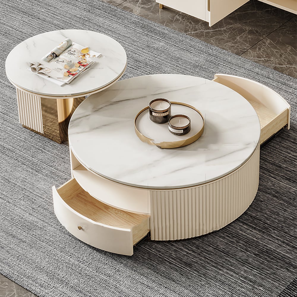 HMR - Mytures Modern Round Nesting Coffee Table with Storage White Sintered Stone Set of 2