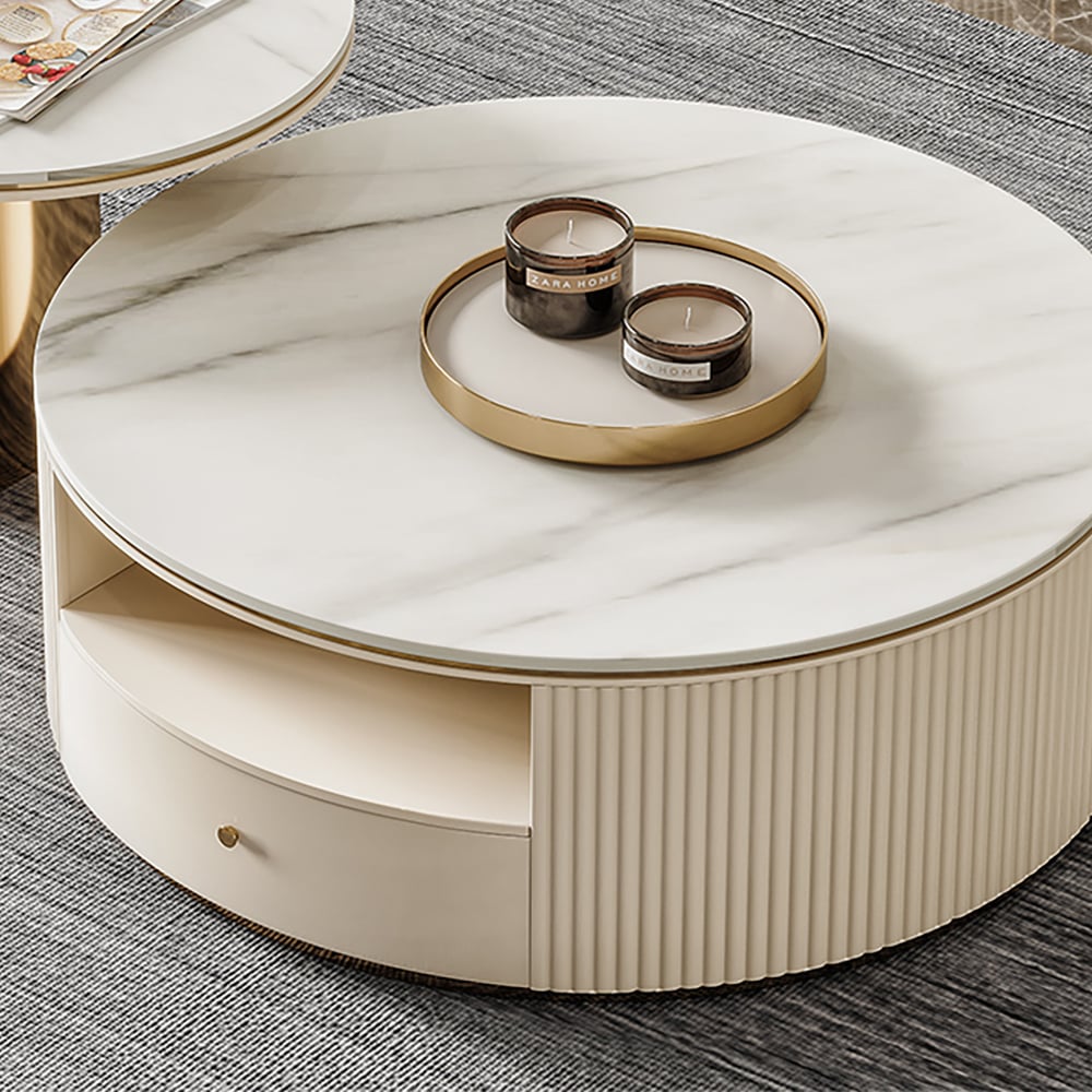 HMR - Mytures Modern Round Nesting Coffee Table with Storage White Sintered Stone Set of 2