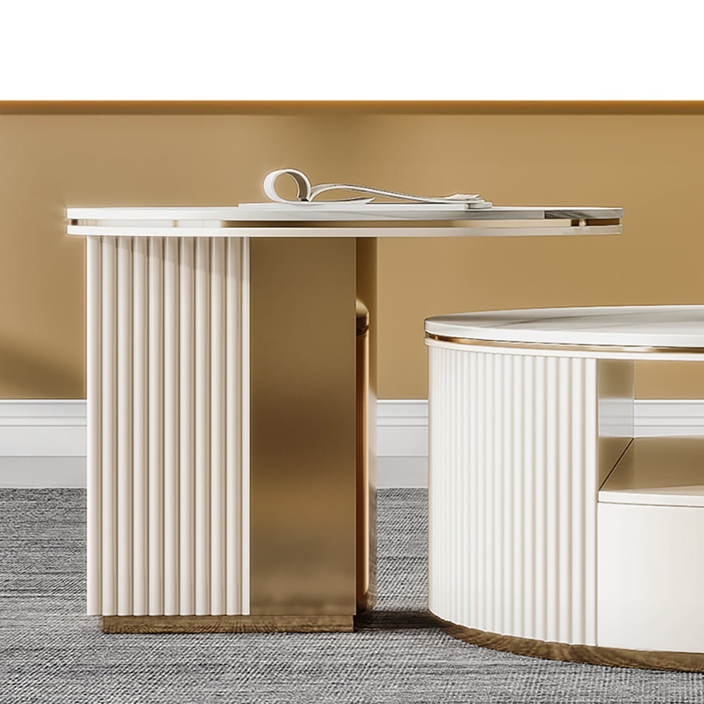HMR - Mytures Modern Round Nesting Coffee Table with Storage White Sintered Stone Set of 2