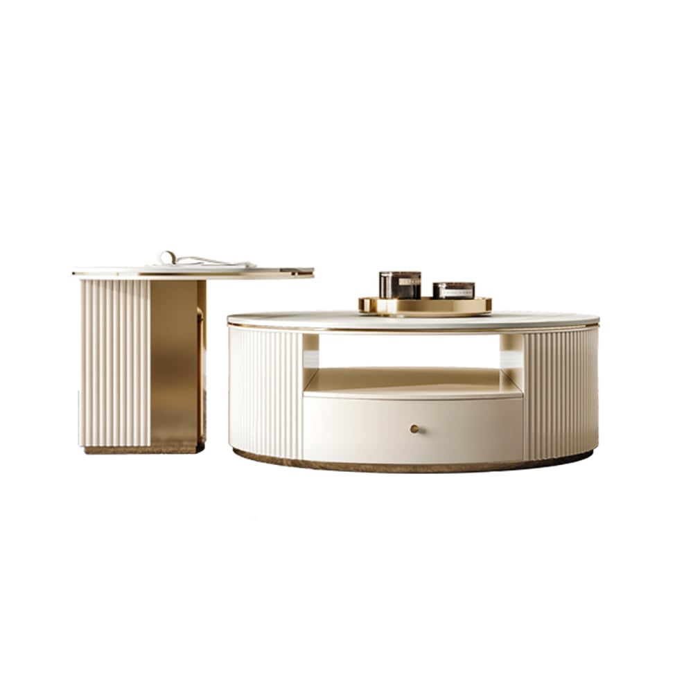 HMR - Mytures Modern Round Nesting Coffee Table with Storage White Sintered Stone Set of 2