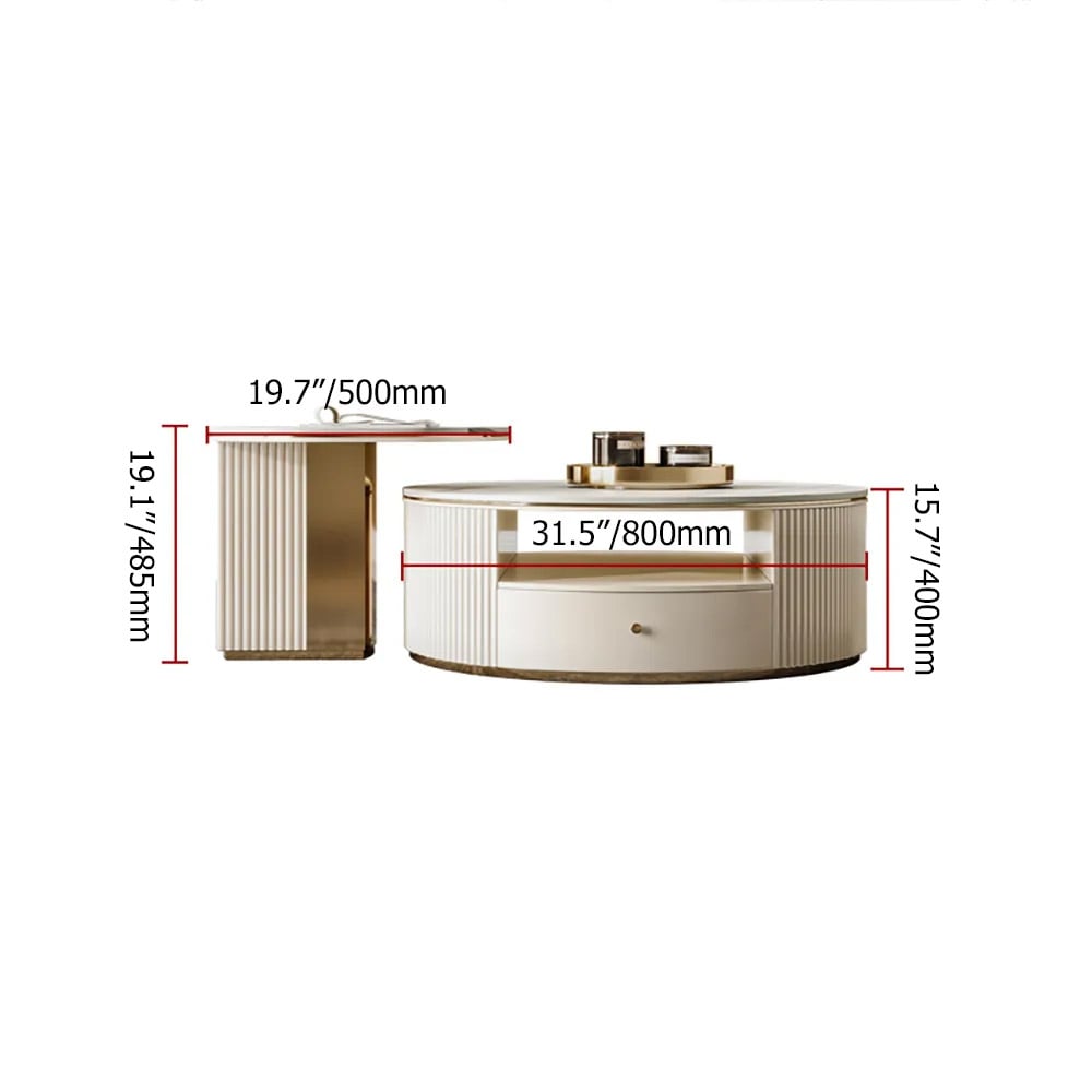 HMR - Mytures Modern Round Nesting Coffee Table with Storage White Sintered Stone Set of 2