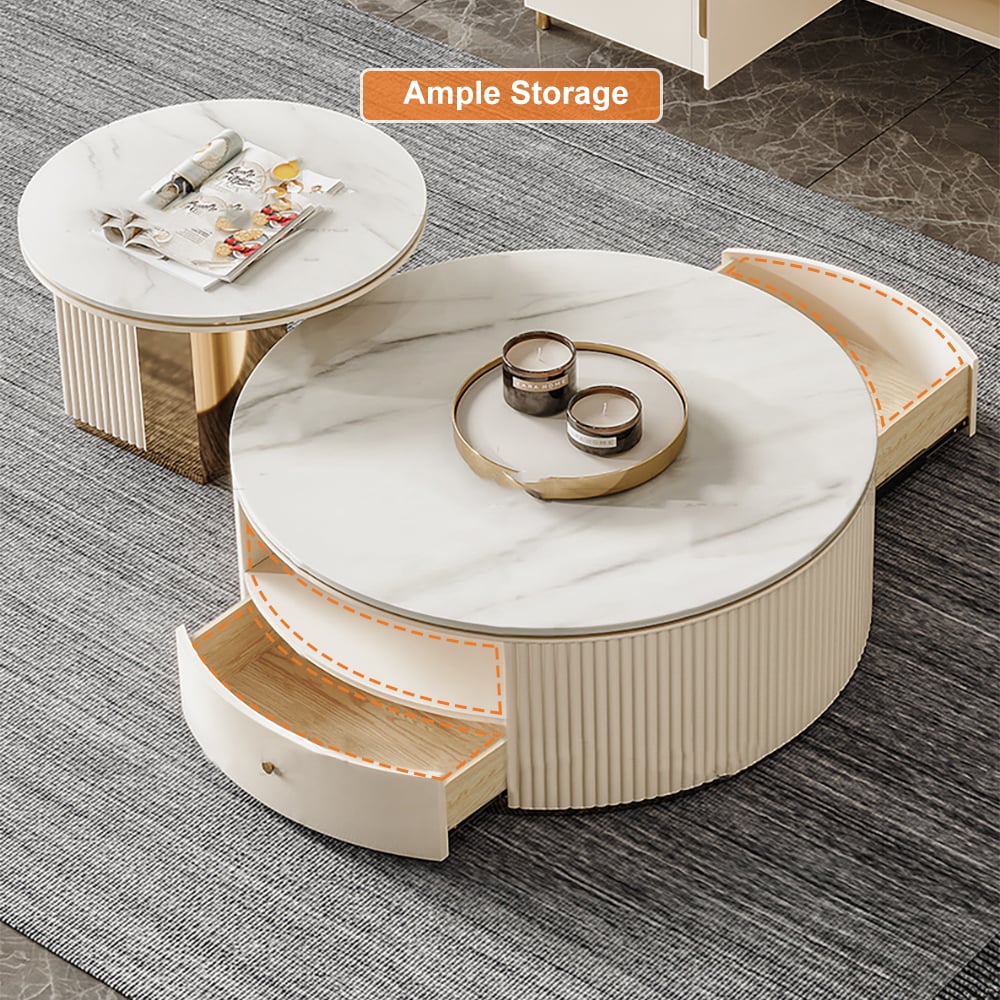 HMR - Mytures Modern Round Nesting Coffee Table with Storage White Sintered Stone Set of 2