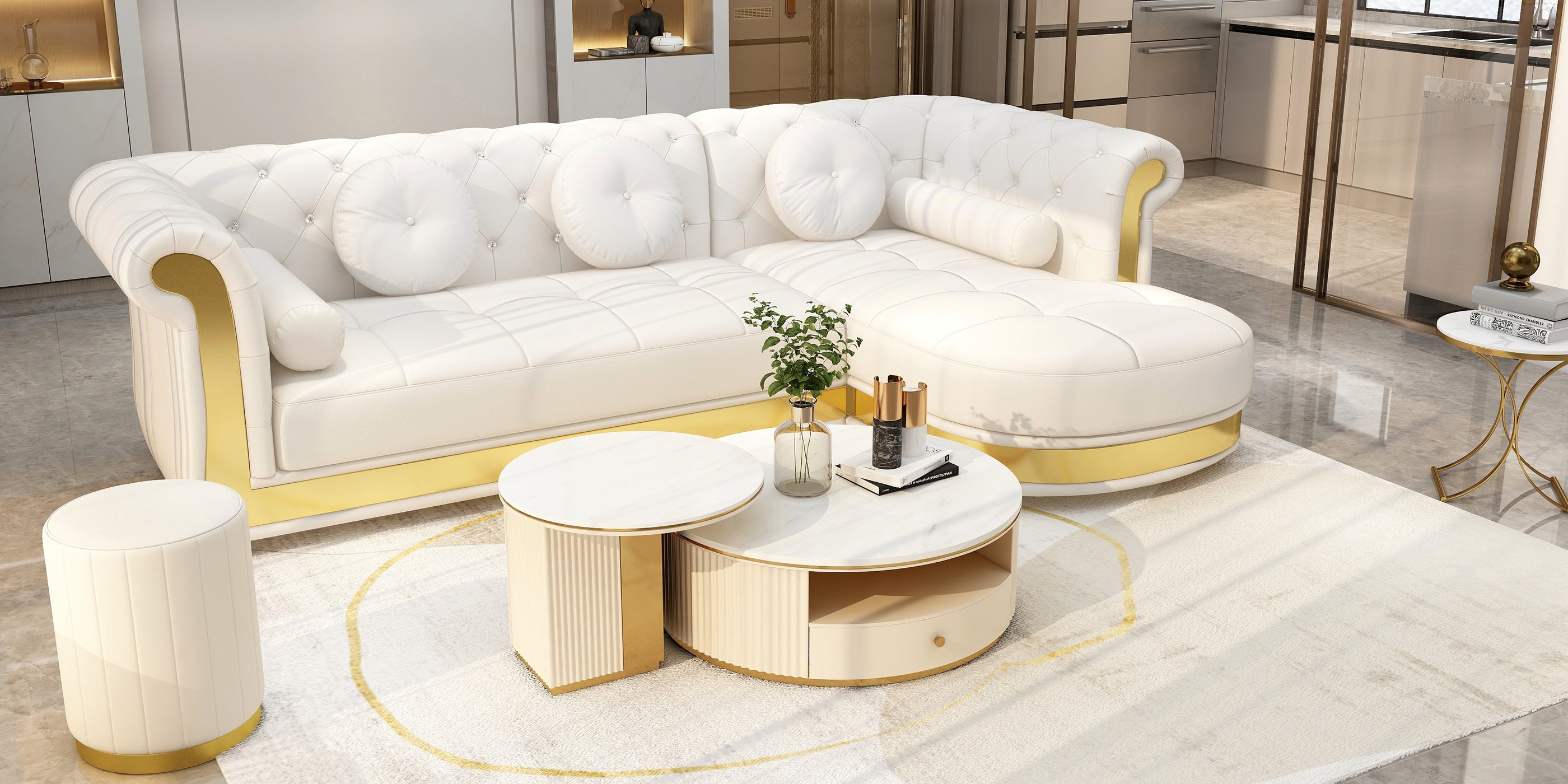HMR - Mytures Modern Round Nesting Coffee Table with Storage White Sintered Stone Set of 2