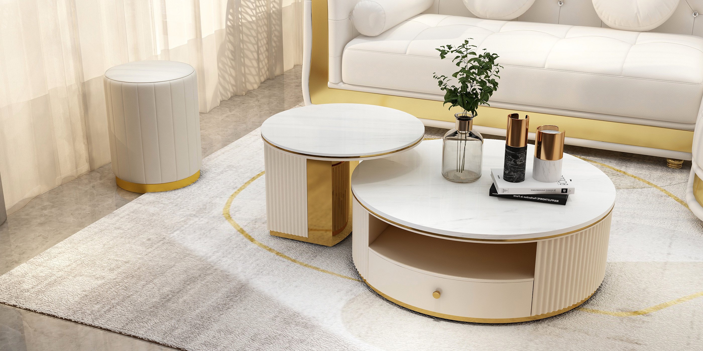 HMR - Mytures Modern Round Nesting Coffee Table with Storage White Sintered Stone Set of 2