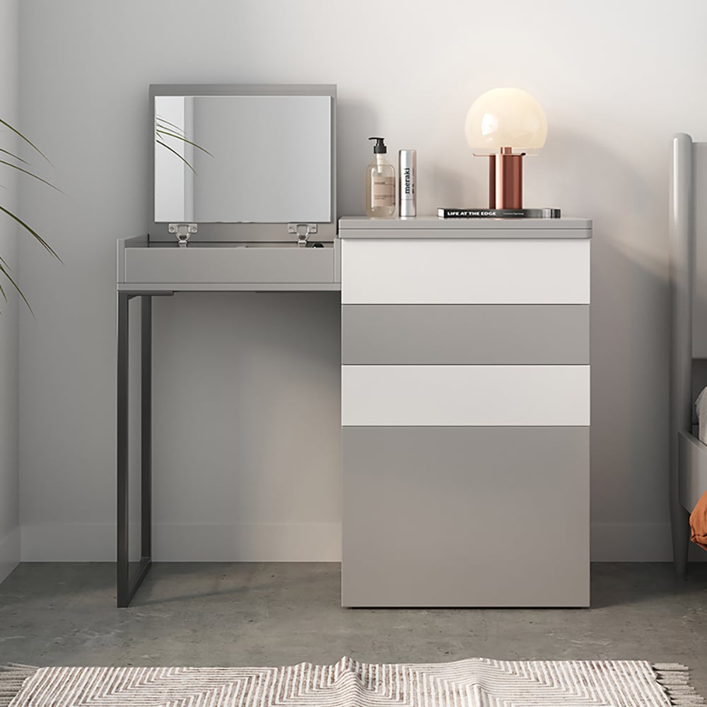 HMR - Gray Makeup Vanity with Mirror Foldable Dressing Table with Stool & Hidden Drawer