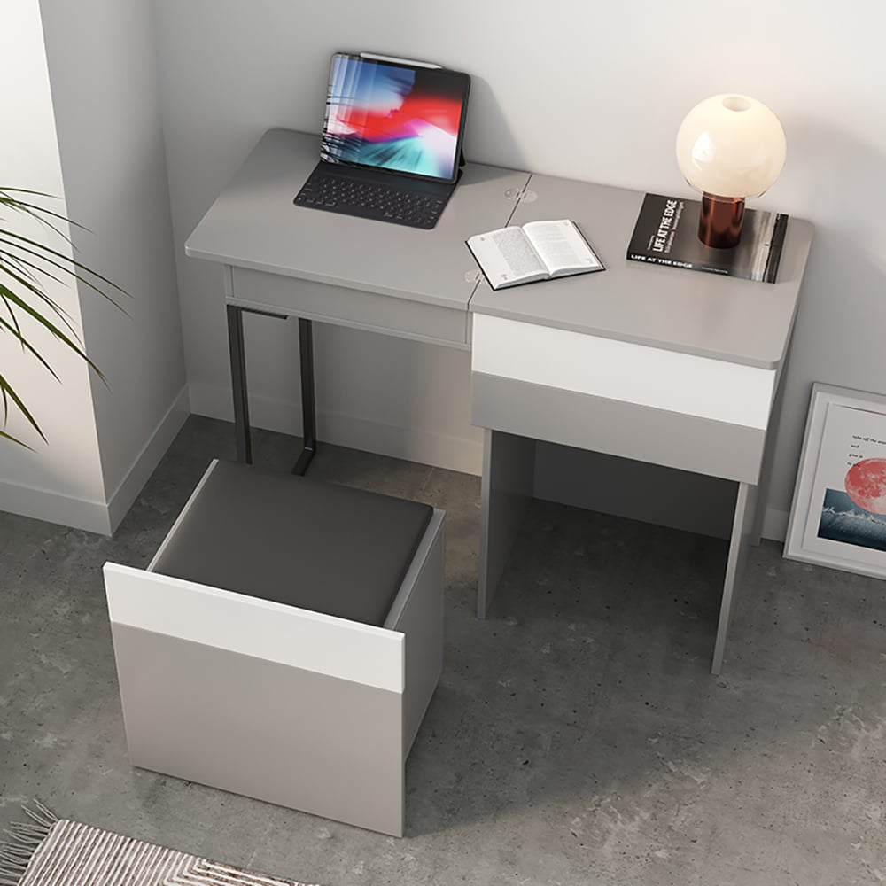 HMR - Gray Makeup Vanity with Mirror Foldable Dressing Table with Stool & Hidden Drawer