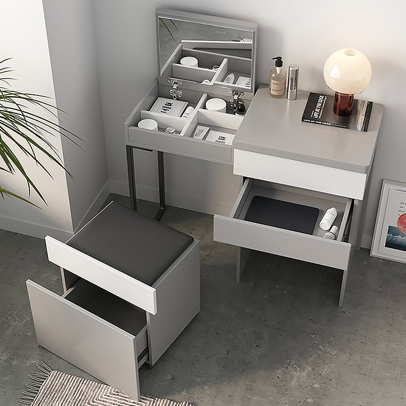 HMR - Gray Makeup Vanity with Mirror Foldable Dressing Table with Stool & Hidden Drawer