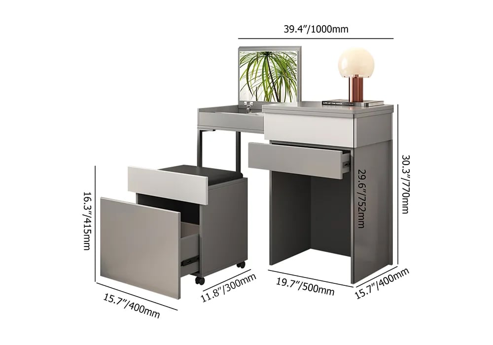 HMR - Gray Makeup Vanity with Mirror Foldable Dressing Table with Stool & Hidden Drawer