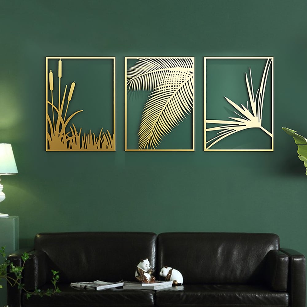 HMR - 3-Pieces Modern Gold Metal Wall Decor Plant Art with Rectangle Frame