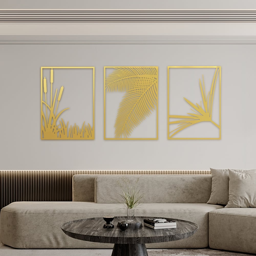 HMR - 3-Pieces Modern Gold Metal Wall Decor Plant Art with Rectangle Frame