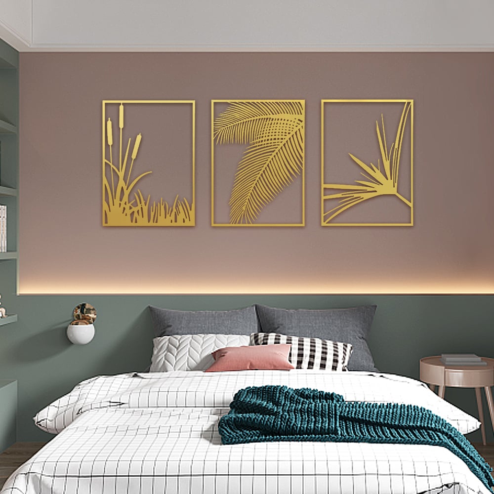 HMR - 3-Pieces Modern Gold Metal Wall Decor Plant Art with Rectangle Frame