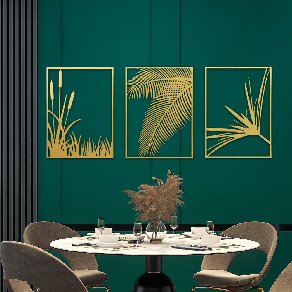 HMR - 3-Pieces Modern Gold Metal Wall Decor Plant Art with Rectangle Frame