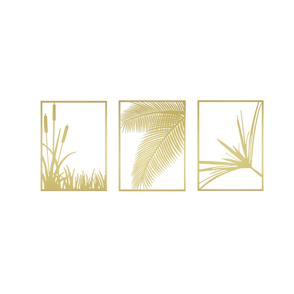 HMR - 3-Pieces Modern Gold Metal Wall Decor Plant Art with Rectangle Frame
