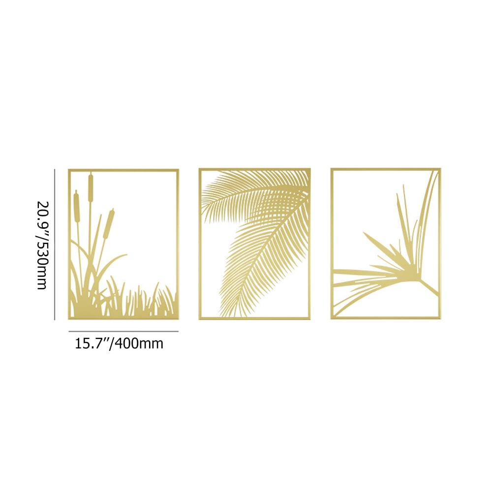HMR - 3-Pieces Modern Gold Metal Wall Decor Plant Art with Rectangle Frame