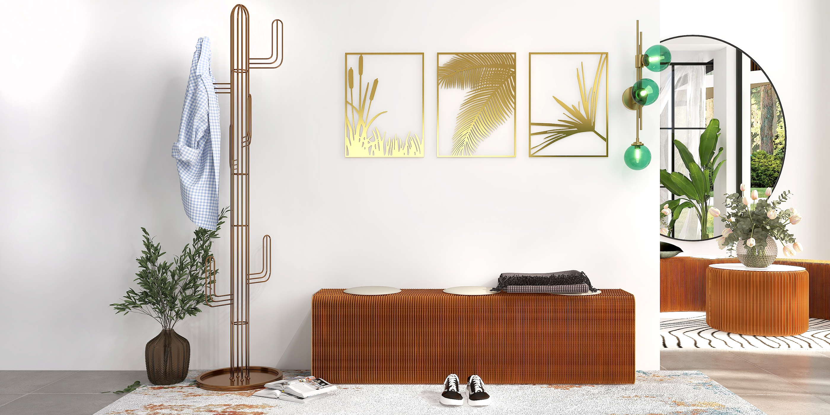 HMR - 3-Pieces Modern Gold Metal Wall Decor Plant Art with Rectangle Frame