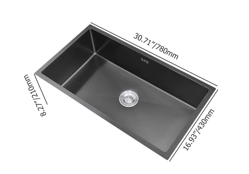 HMR 30" Stainless Steel Kitchen Sink Rectangular Single Bowl - Black