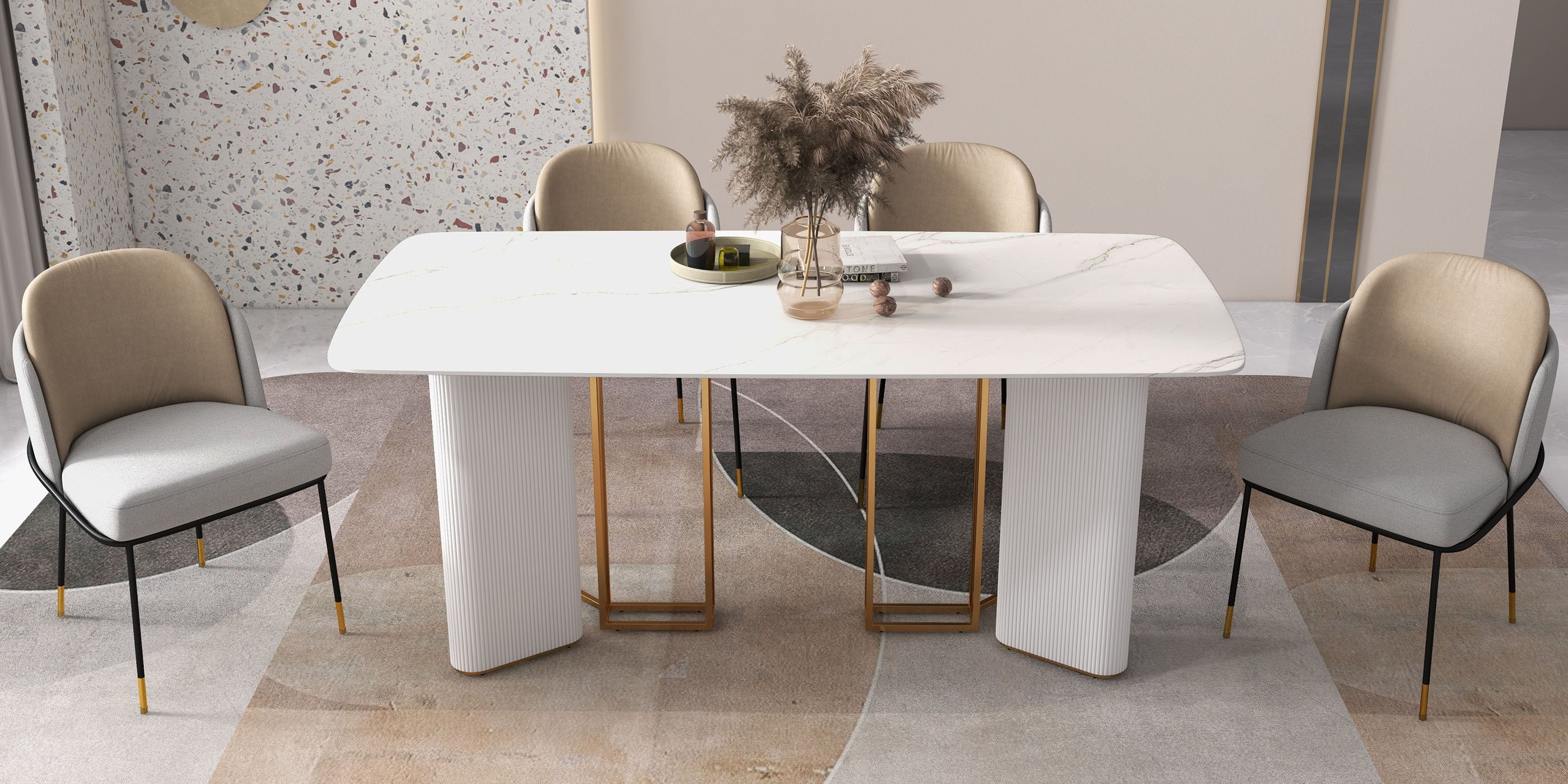 HMR - 70.9" Modern Style Rectangle Sintered Stone Dining Table Seats 6-8 People