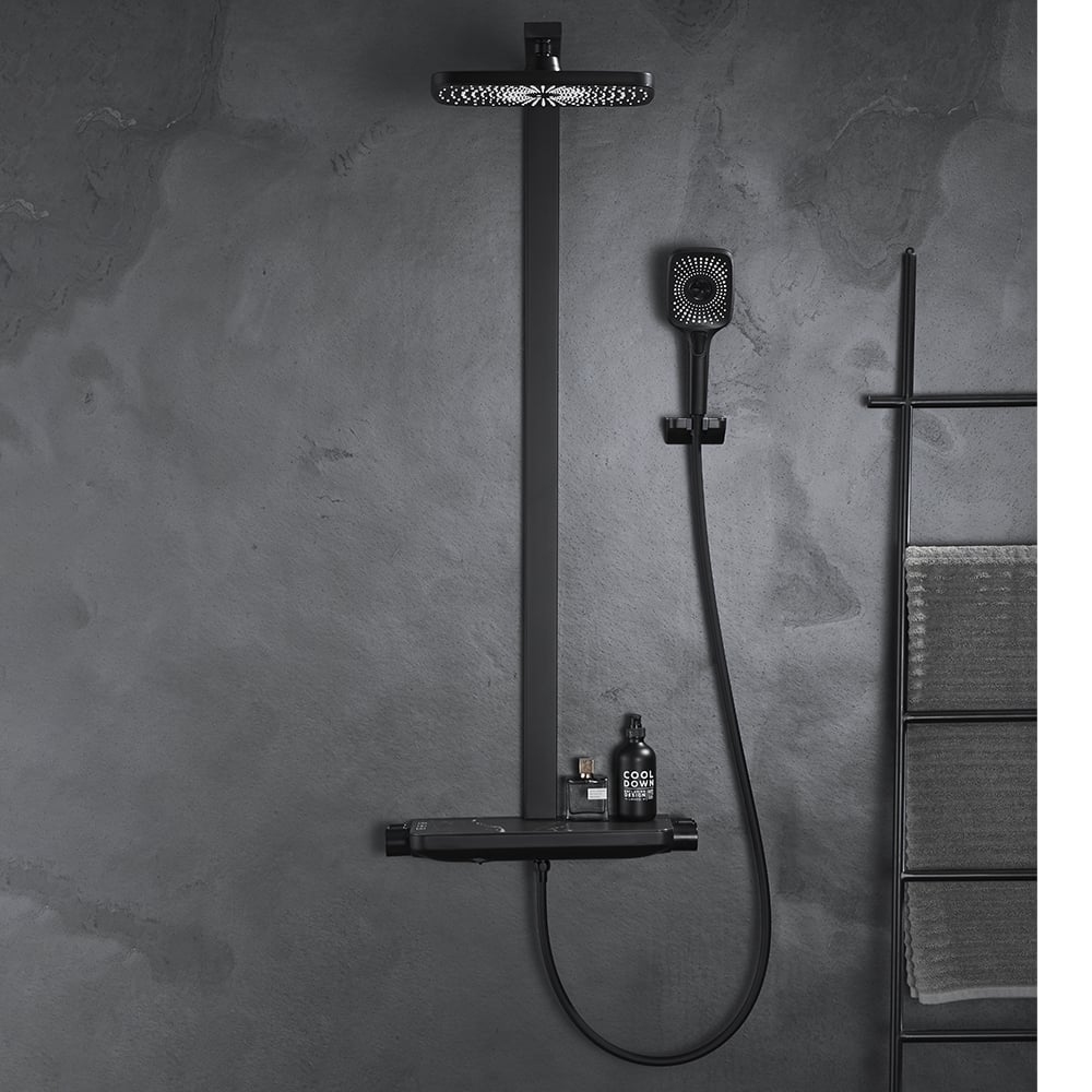HMR - Black Exposed Rainfall Shower System with Handshower & Stone Rack Solid Brass