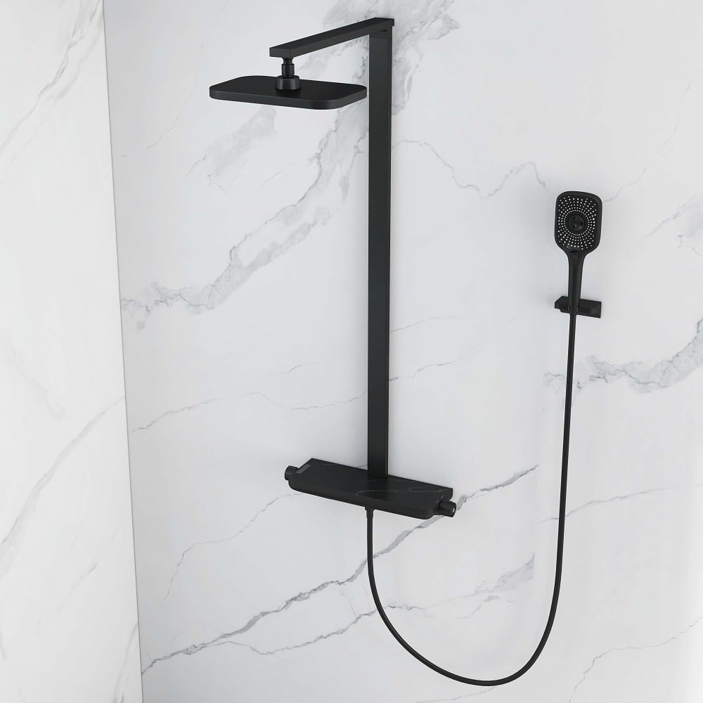 HMR - Black Exposed Rainfall Shower System with Handshower & Stone Rack Solid Brass