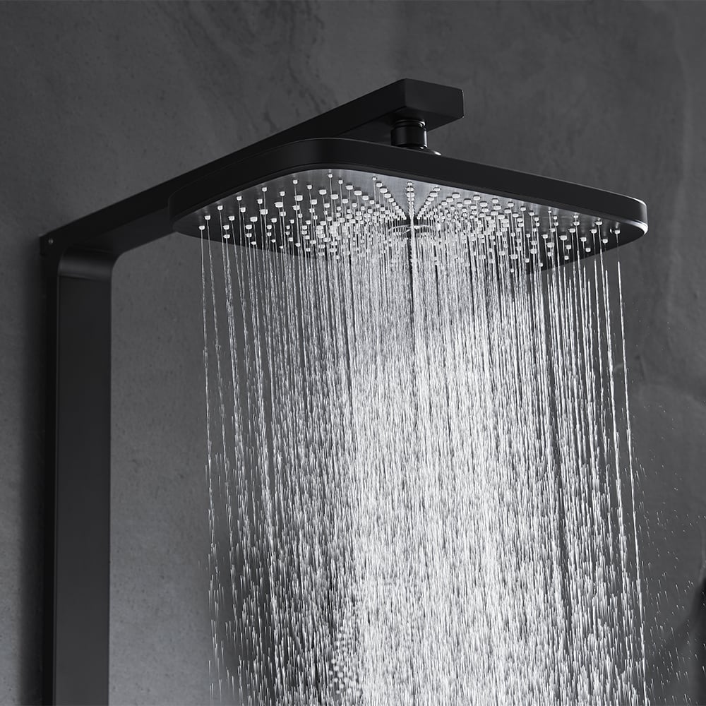 HMR - Black Exposed Rainfall Shower System with Handshower & Stone Rack Solid Brass