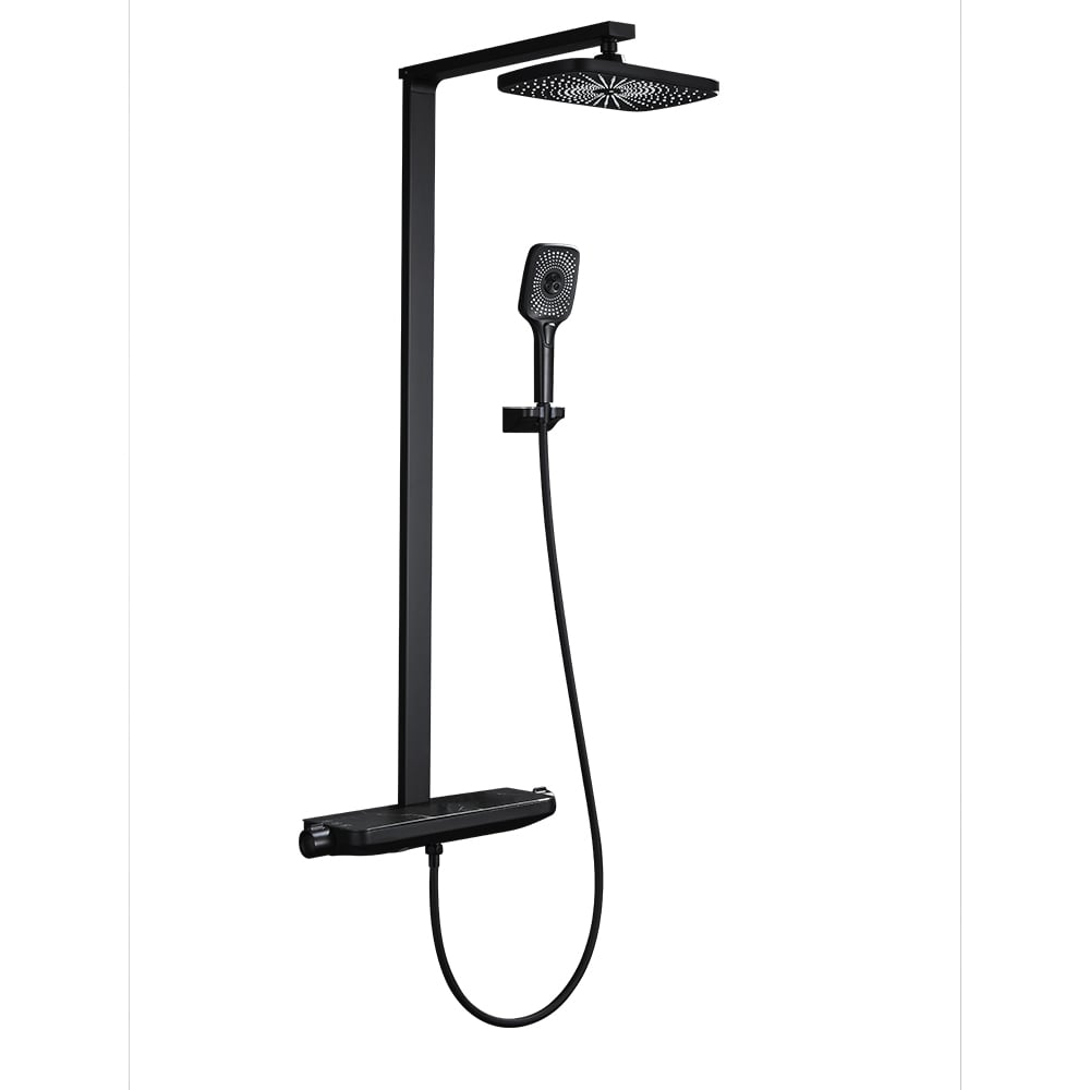 HMR - Black Exposed Rainfall Shower System with Handshower & Stone Rack Solid Brass