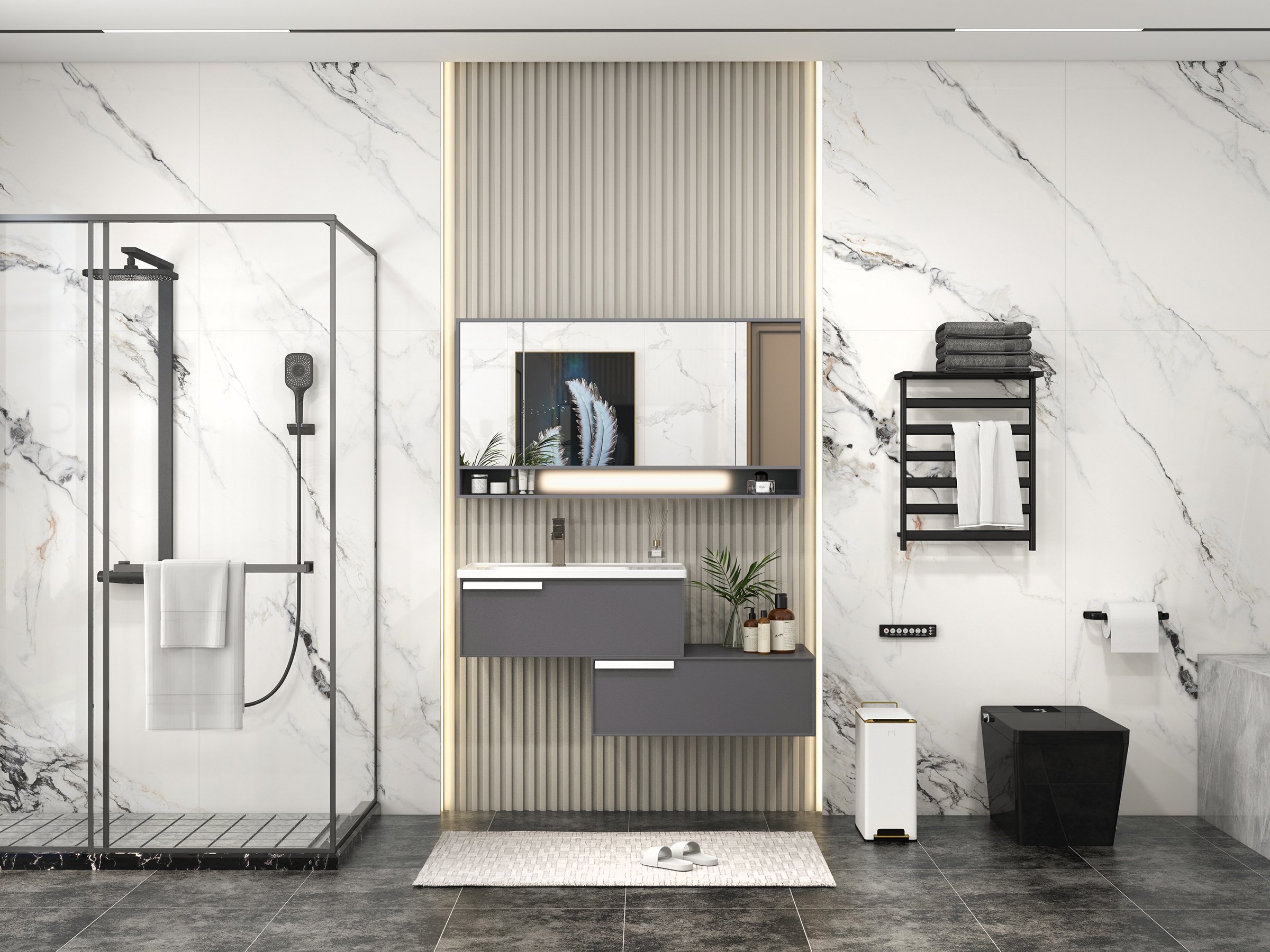 HMR - Black Exposed Rainfall Shower System with Handshower & Stone Rack Solid Brass