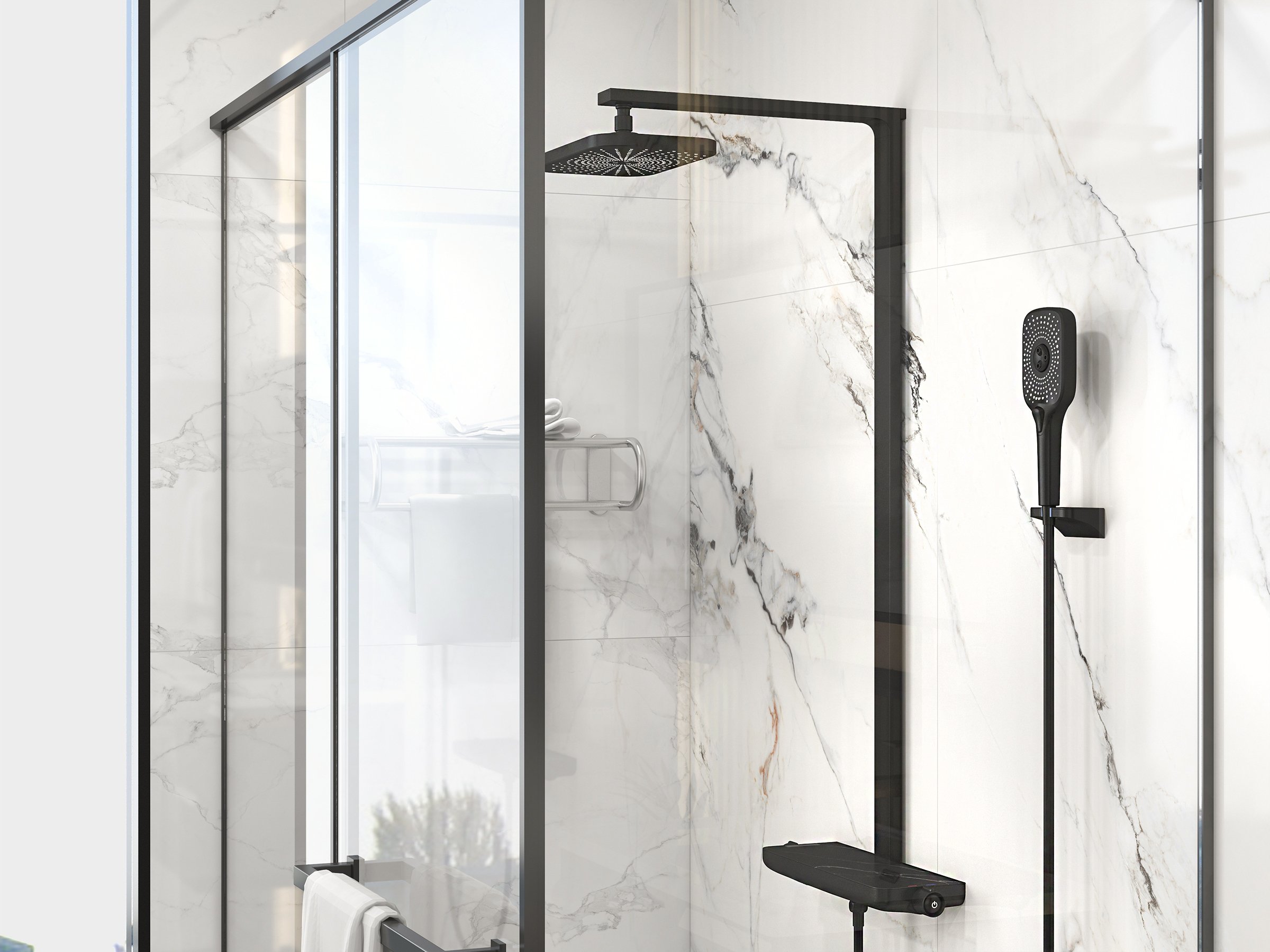 HMR - Black Exposed Rainfall Shower System with Handshower & Stone Rack Solid Brass