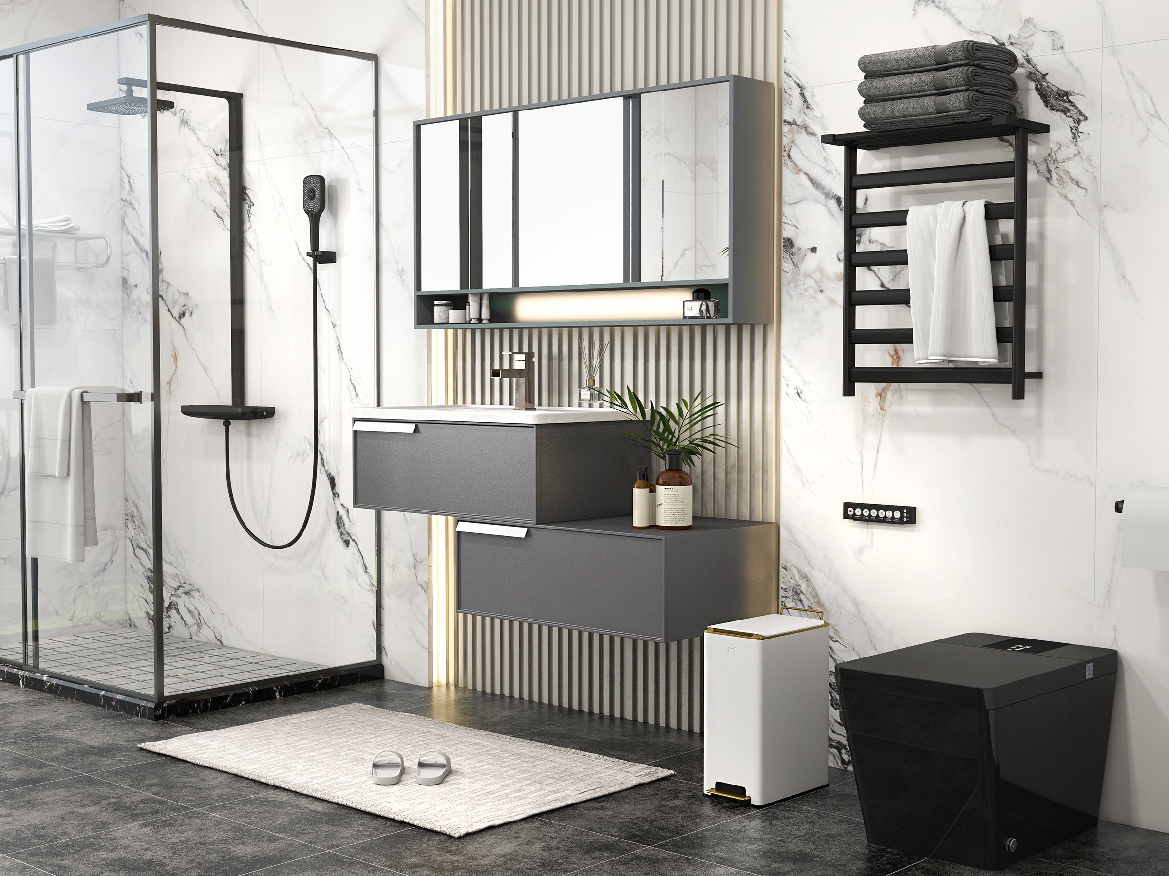 HMR - Black Exposed Rainfall Shower System with Handshower & Stone Rack Solid Brass