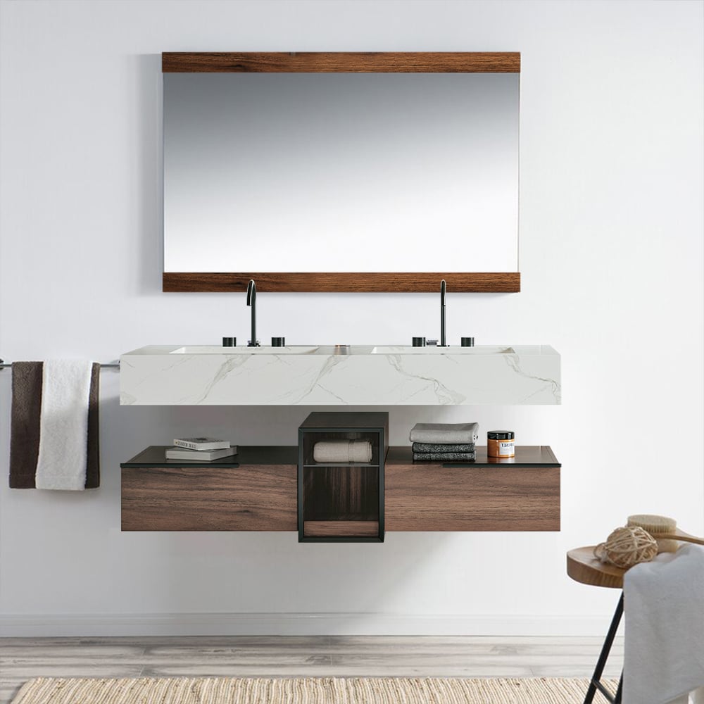 HMR - 59" Floating White & Brown Bathroom Vanity Set with Double Sink Two Shelves