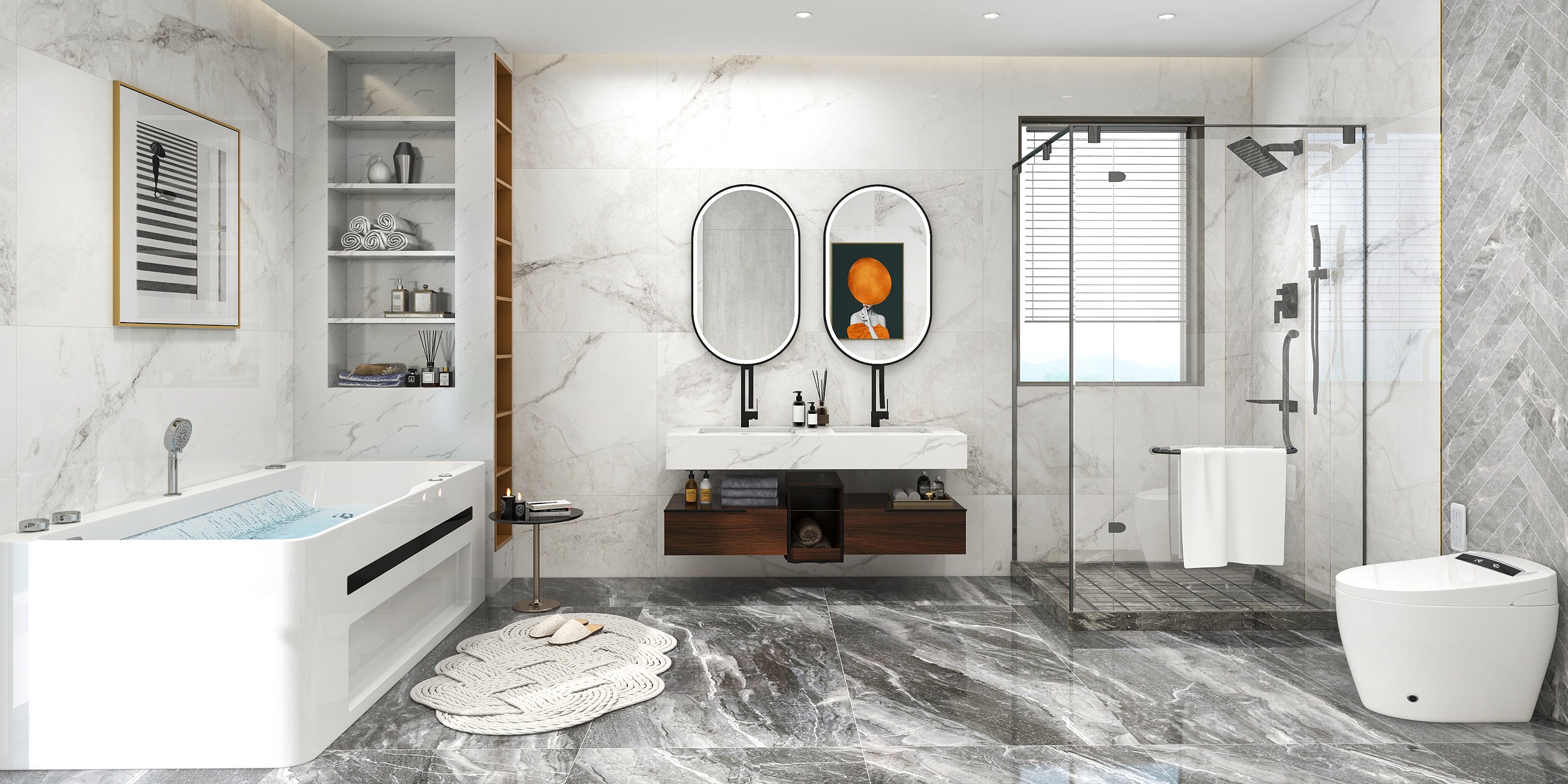 HMR - 59" Floating White & Brown Bathroom Vanity Set with Double Sink Two Shelves