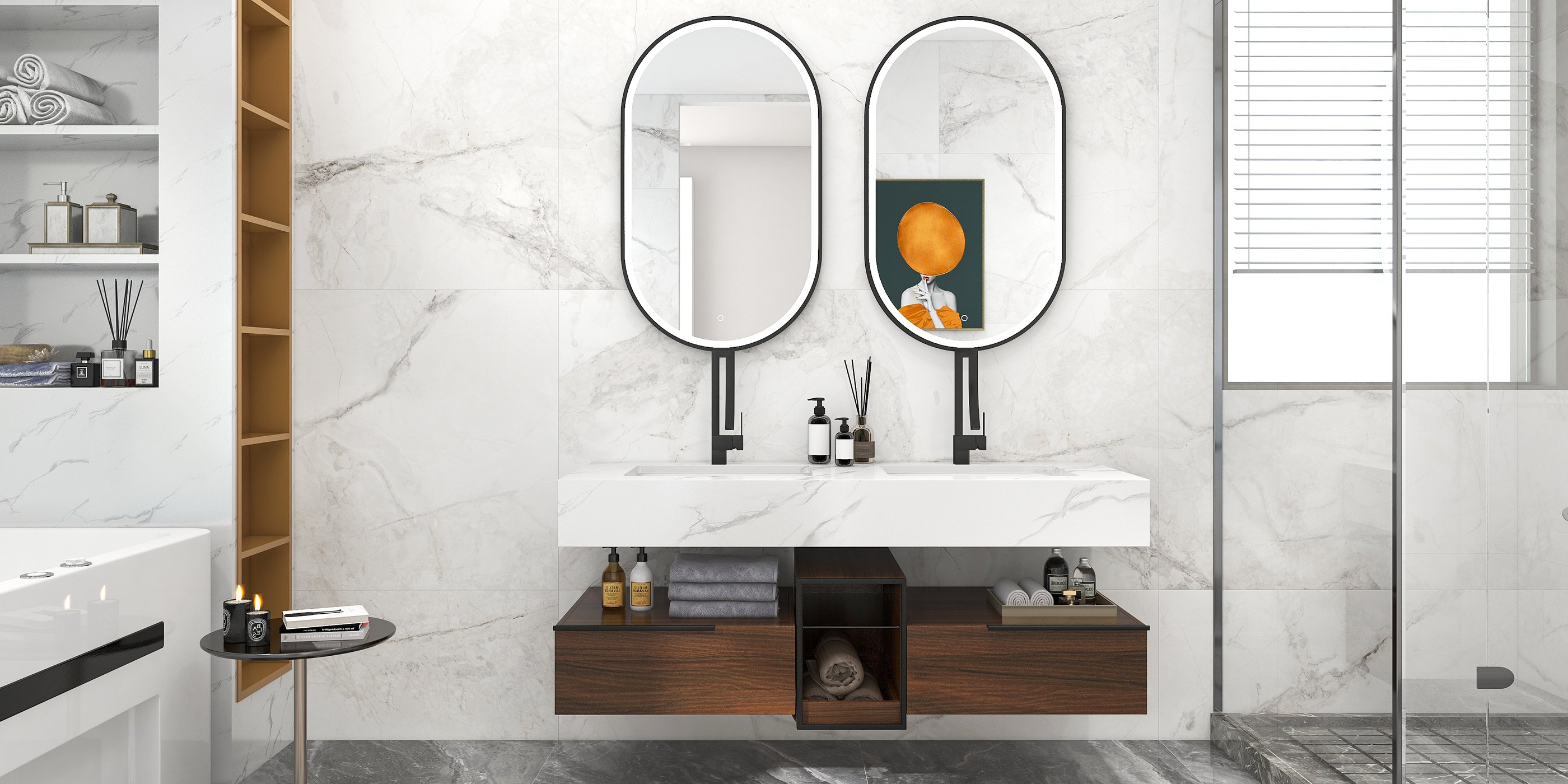 HMR - 59" Floating White & Brown Bathroom Vanity Set with Double Sink Two Shelves
