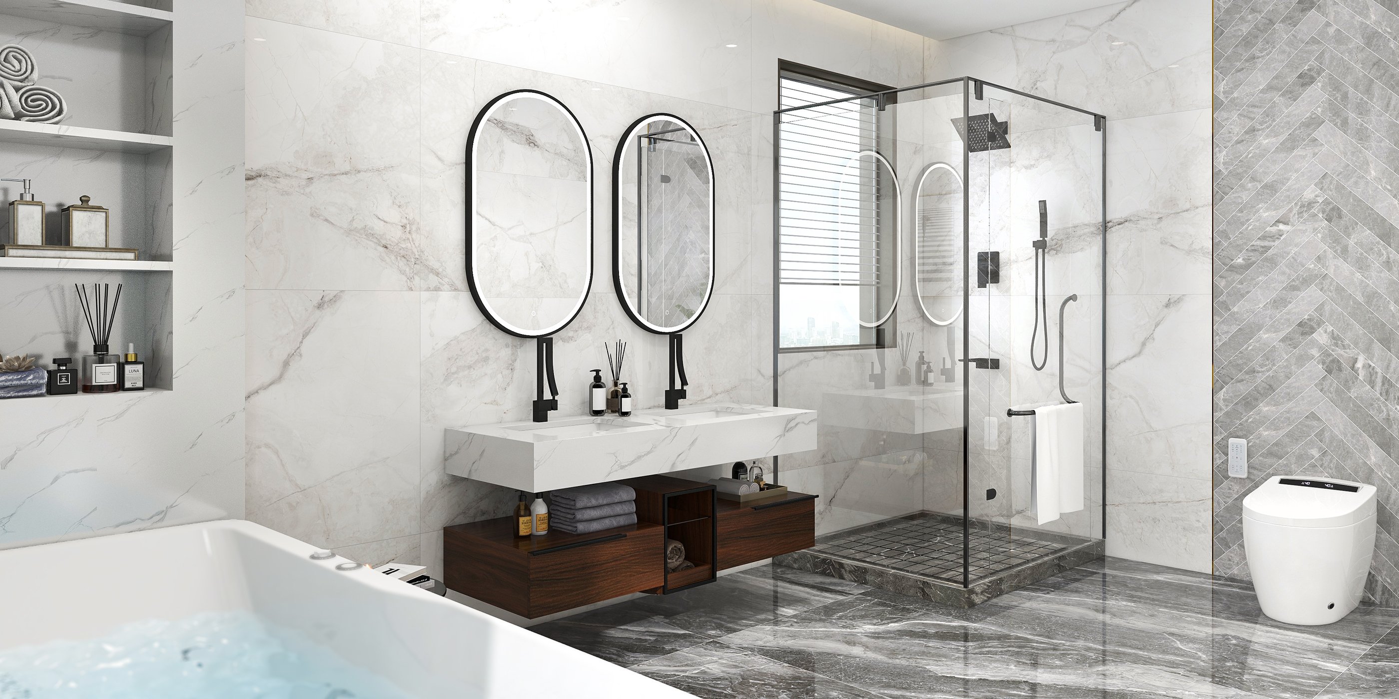 HMR - 59" Floating White & Brown Bathroom Vanity Set with Double Sink Two Shelves