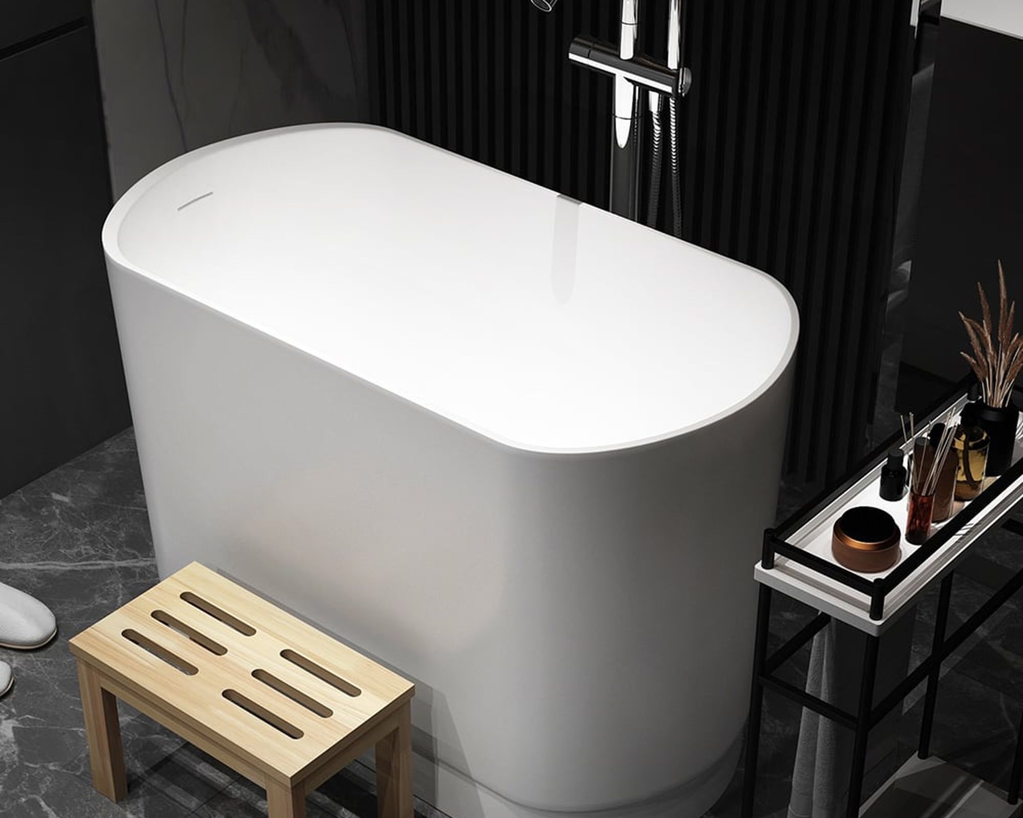 HMR - 40" Japanese Modern Deep Oval Freestanding Stone Resin Soaking Bathtub