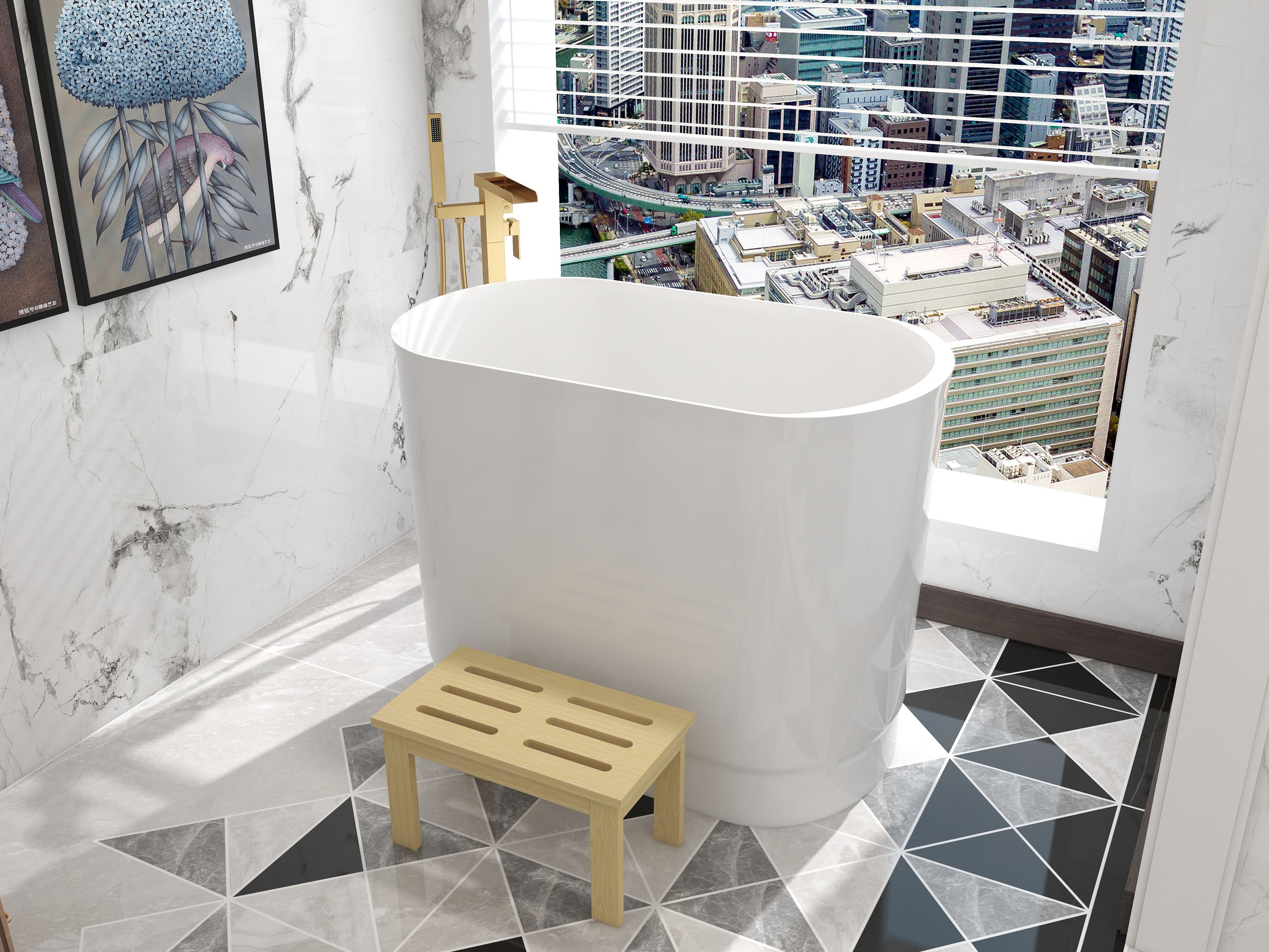 HMR - 40" Japanese Modern Deep Oval Freestanding Stone Resin Soaking Bathtub