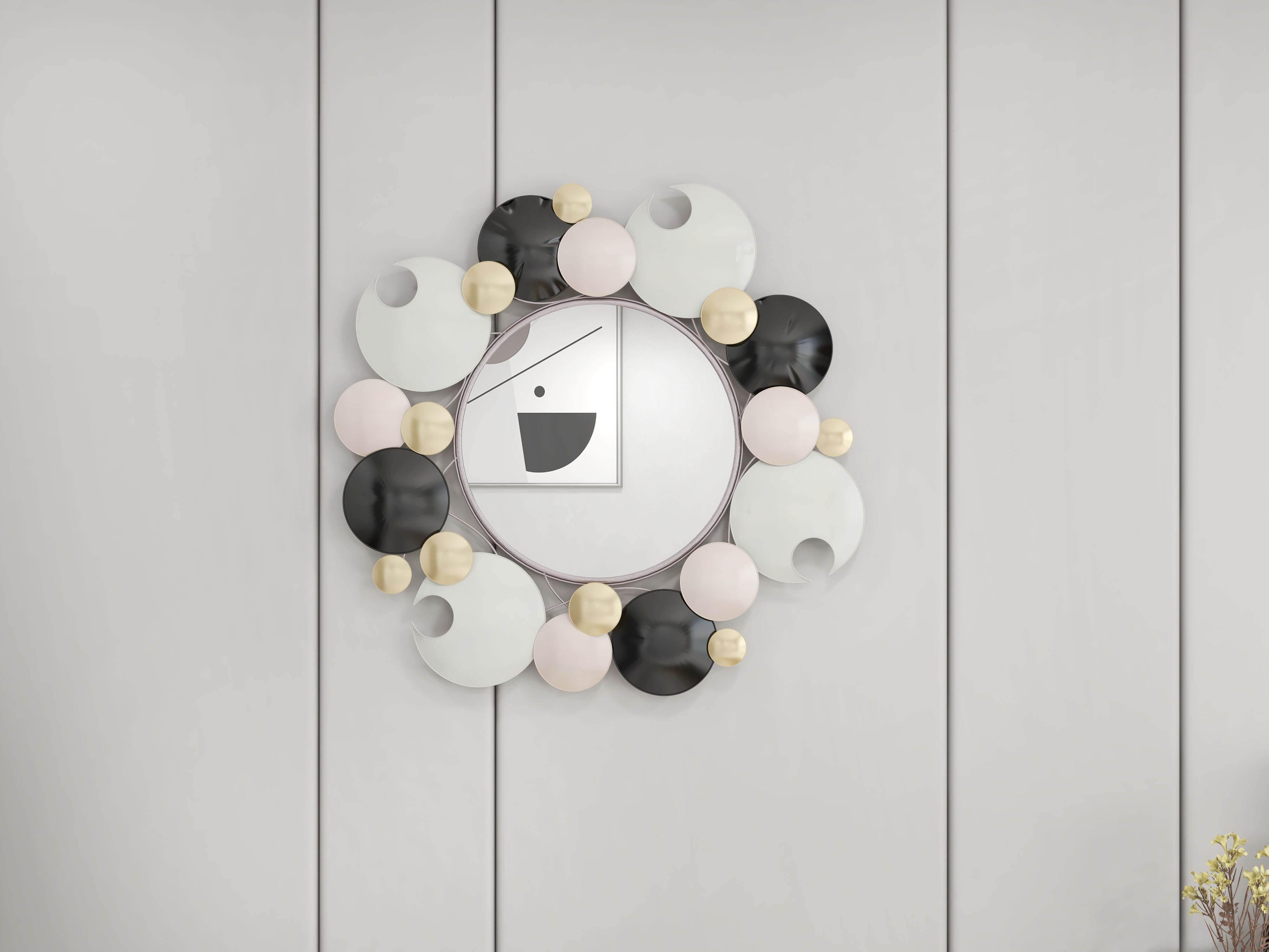 HMR - 28.1" Modern 3D Round Plates Overlapping Metal Wall Mirror for Entryway