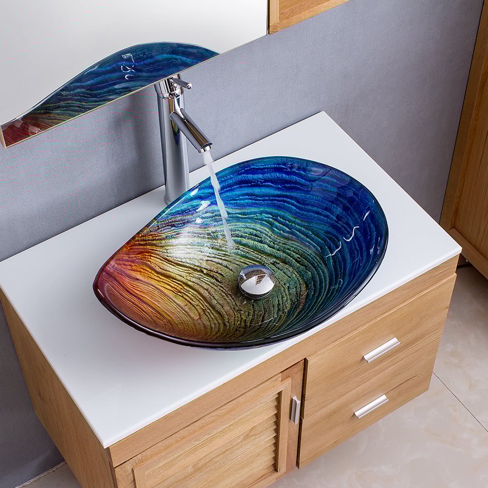HMR - Multicolor Teardrop-Shaped Bathroom Vessel Sink in Tempered Glass