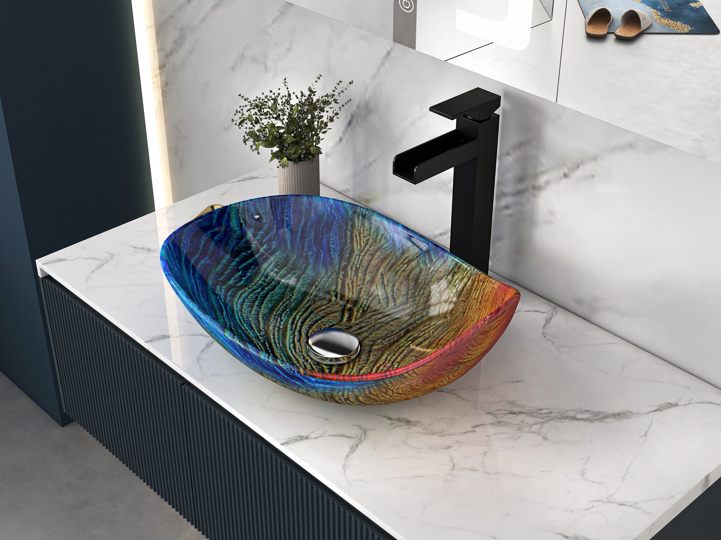 HMR - Multicolor Teardrop-Shaped Bathroom Vessel Sink in Tempered Glass