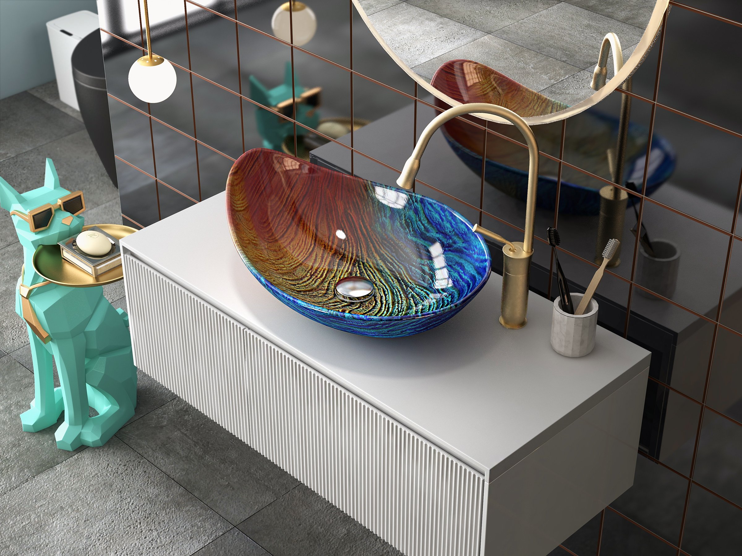 HMR - Multicolor Teardrop-Shaped Bathroom Vessel Sink in Tempered Glass