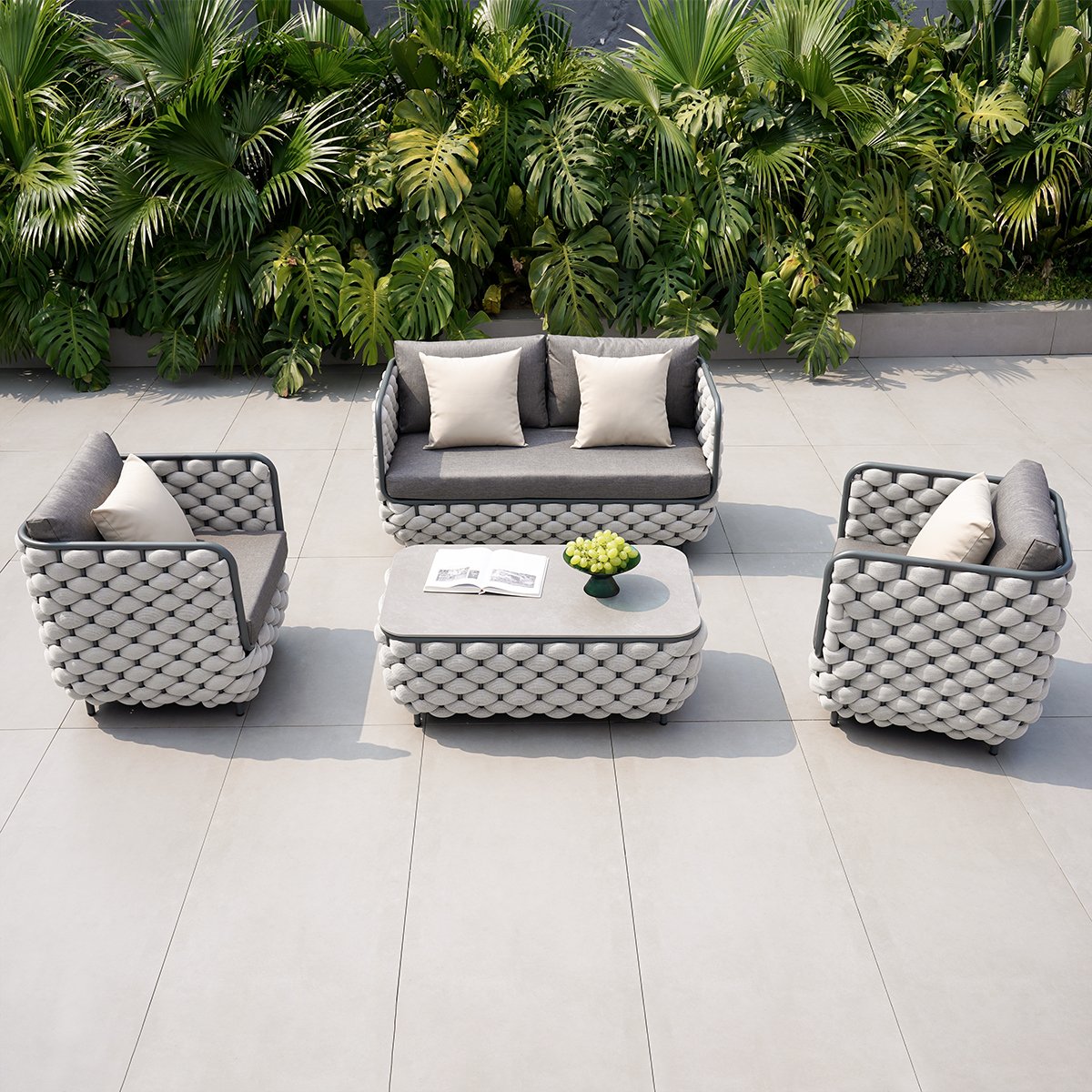 HMR - Martic 4-Pieces Aluminum Rope Outdoor Sofa Set with Faux Marble Coffee Table Cushion Pillow