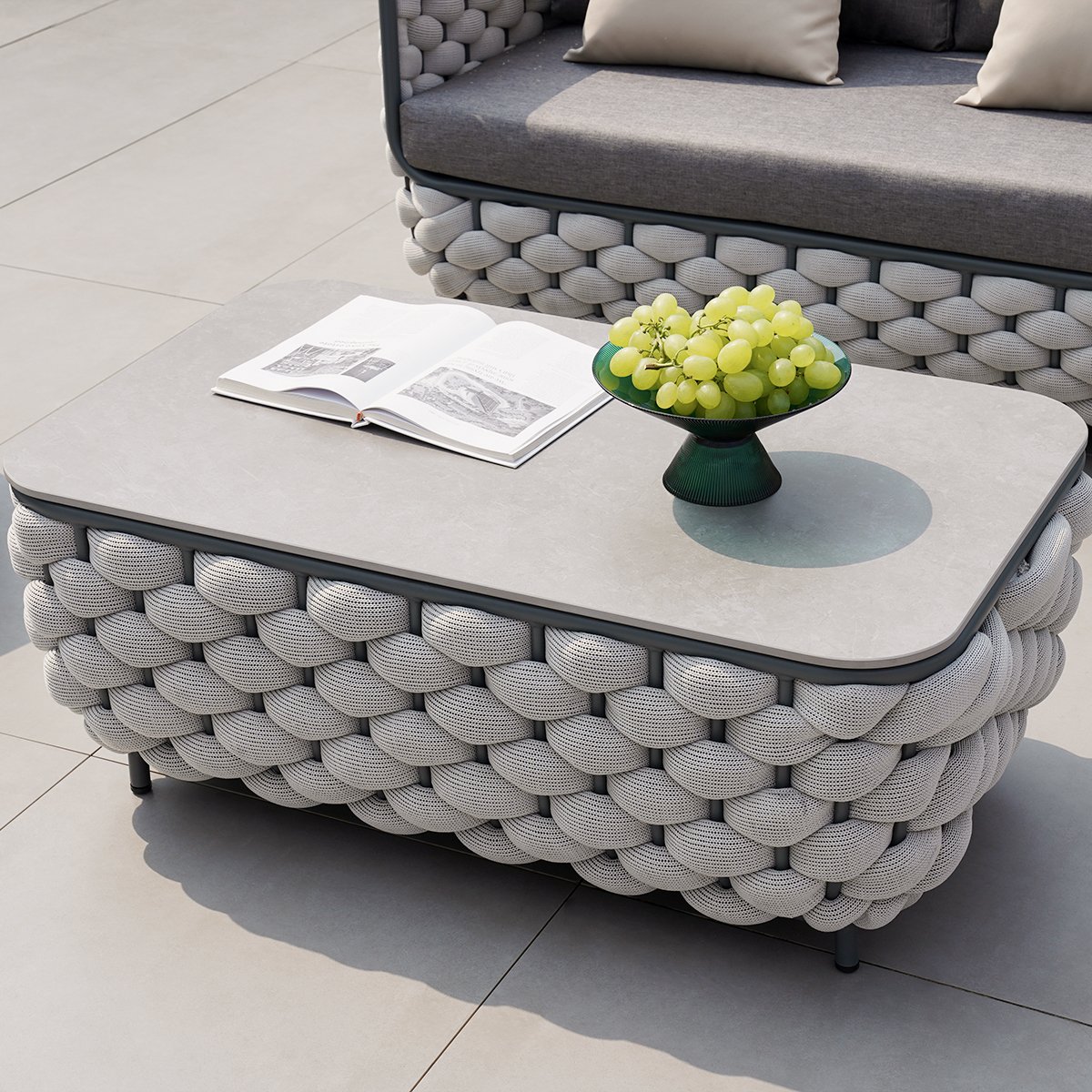 HMR - Martic 4-Pieces Aluminum Rope Outdoor Sofa Set with Faux Marble Coffee Table Cushion Pillow