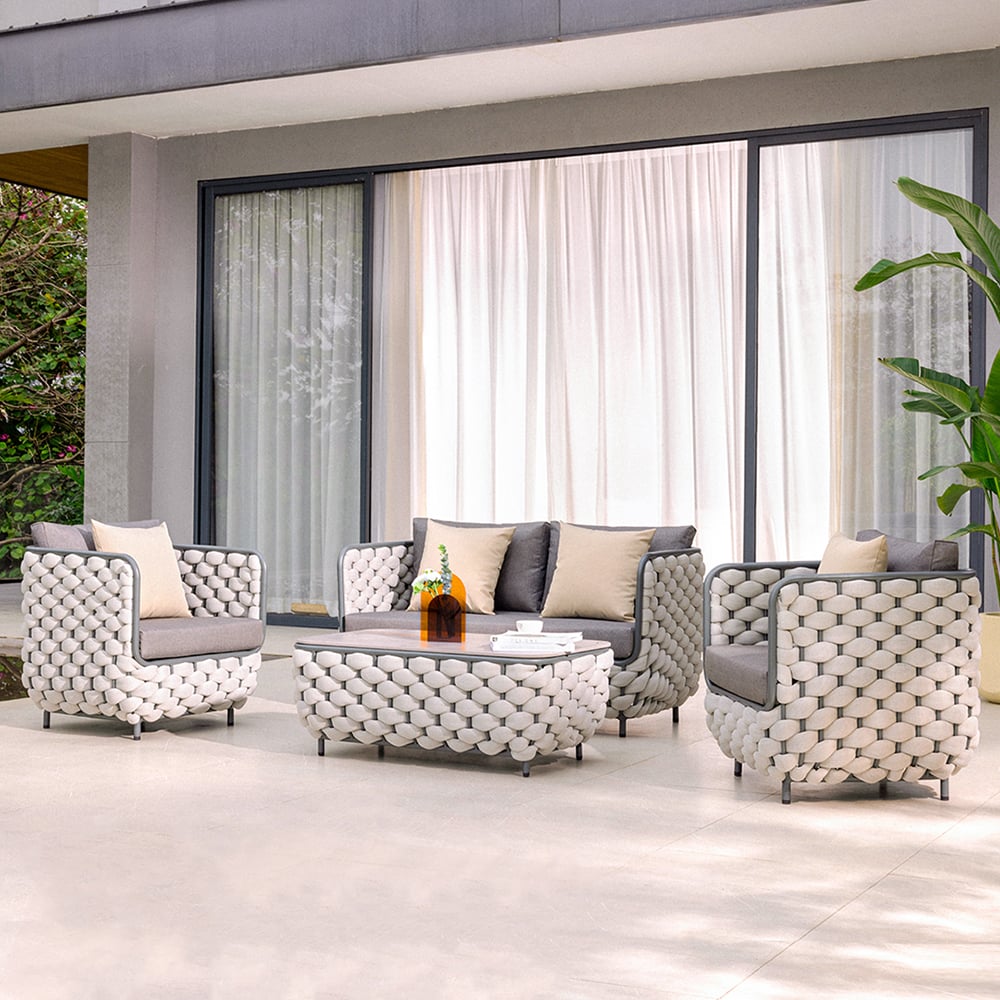 HMR - Martic 4-Pieces Aluminum Rope Outdoor Sofa Set with Faux Marble Coffee Table Cushion Pillow