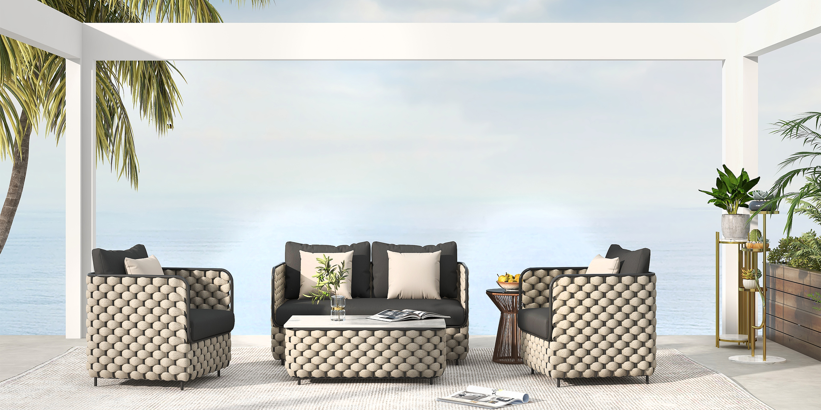HMR - Martic 4-Pieces Aluminum Rope Outdoor Sofa Set with Faux Marble Coffee Table Cushion Pillow