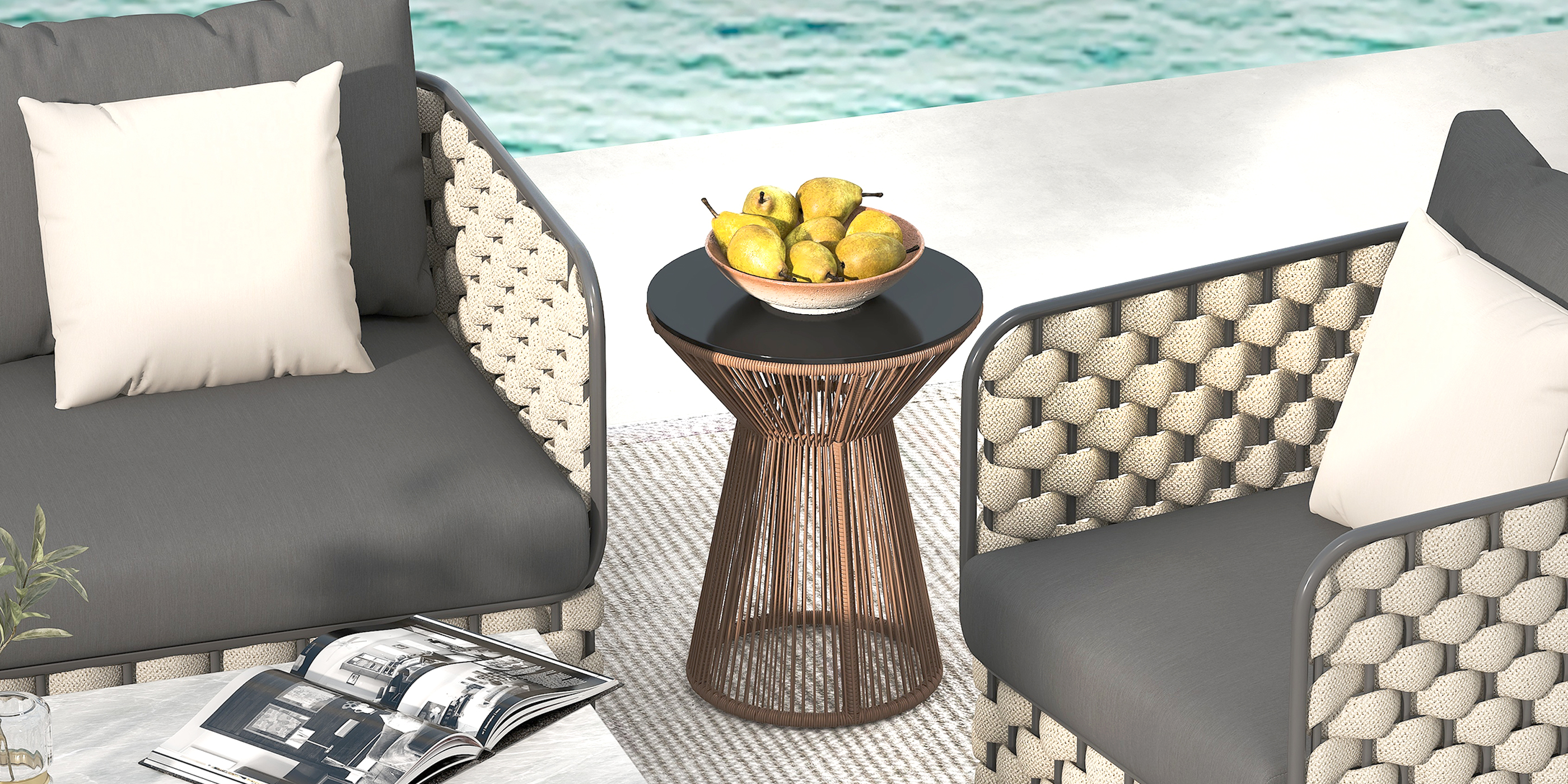 HMR - Martic 4-Pieces Aluminum Rope Outdoor Sofa Set with Faux Marble Coffee Table Cushion Pillow